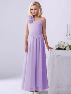 Robe de fille de fleur robe cortège enfant verte en chiffon bustier à une épaule zip sur dos longueur cheville