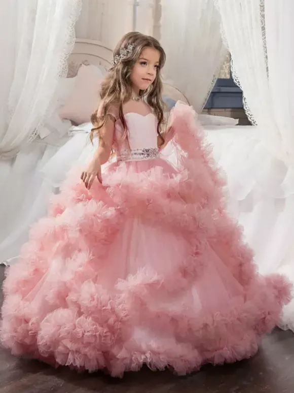 Robe de fille de fleur rose en tulle à volants au sol robe cortège enfant robe cérémonie fille