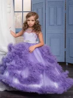 Robe de fille de fleur rose en tulle à volants au sol robe cortège enfant robe cérémonie fille