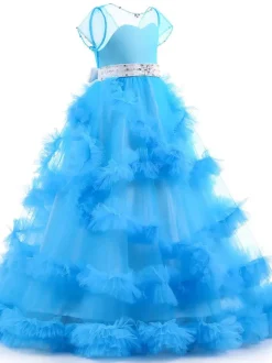Robe de fille de fleur rose en tulle à volants au sol robe cortège enfant robe cérémonie fille