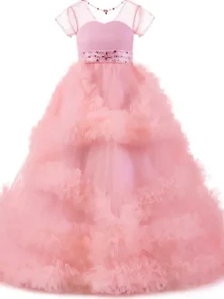 Robe de fille de fleur rose en tulle à volants au sol robe cortège enfant robe cérémonie fille