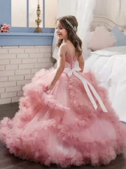 Robe de fille de fleur rose en tulle à volants au sol robe cortège enfant robe cérémonie fille