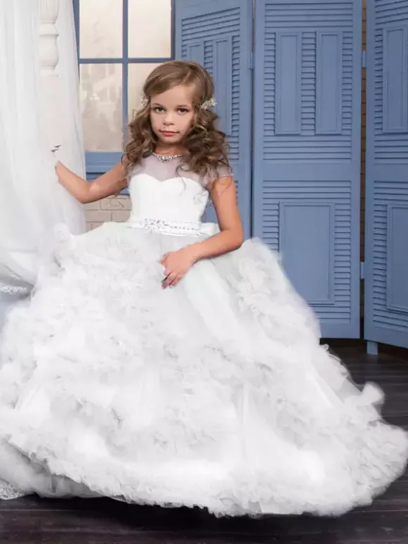 Robe de fille de fleur rose en tulle à volants au sol robe cortège enfant robe cérémonie fille