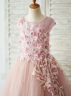 Robe de fille de fleur saumon rose en tulle col rond dos en V avec laçage décoré des fleurs longueur au sol Robe princesse d'enfant