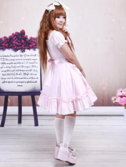 Robe de lolita cosplay Manches Courtes Dentelle Coton Rose Déguisements Halloween