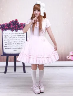 Robe de lolita cosplay Manches Courtes Dentelle Coton Rose Déguisements Halloween