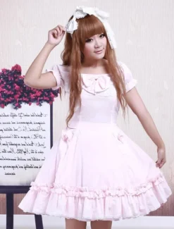 Robe de lolita cosplay Manches Courtes Dentelle Coton Rose Déguisements Halloween