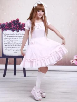 Robe de lolita cosplay Manches Courtes Dentelle Coton Rose Déguisements Halloween