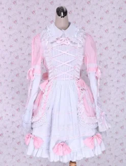Robe de lolita douce Coton Cravate Avant Col Débordé Rose et Blanche Déguisements Halloween