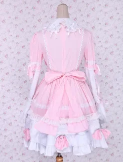 Robe de lolita douce Coton Cravate Avant Col Débordé Rose et Blanche Déguisements Halloween