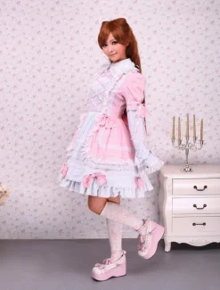 Robe de lolita douce Coton Cravate Avant Col Débordé Rose et Blanche Déguisements Halloween