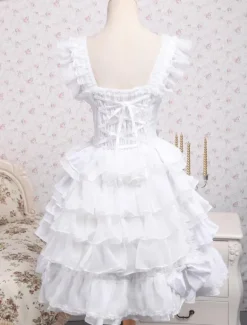 Robe de lolita douce Jabots Coton Arcs Sans Manche Blanche Déguisements Halloween