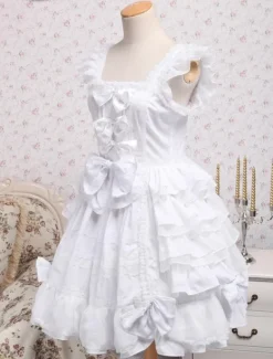 Robe de lolita douce Jabots Coton Arcs Sans Manche Blanche Déguisements Halloween