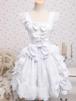Robe de lolita douce Jabots Coton Arcs Sans Manche Blanche Déguisements Halloween