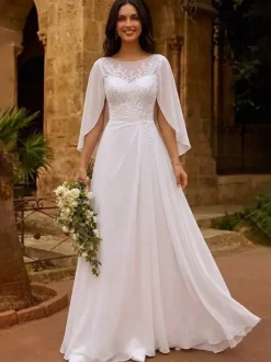 Robe de mariée avec châle coupe trapèze manches mi-longues dentelle col bijou