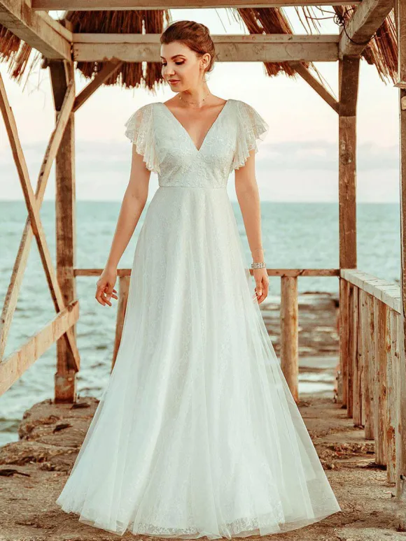 Robe de mariée blanche en dentelle col V manche courte zip sur dos longueur au sol robe de mariage