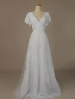 Robe de mariée blanche en dentelle col V manche courte zip sur dos longueur au sol robe de mariage