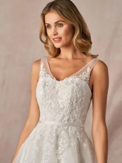 Robe de mariée blanche simple une ligne col en V sans manches dos nu robes de mariée en dentelle