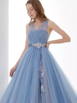 Robe de mariée bleue avec train bustier sans manches à lacets taille naturelle longue dentelle tulle polyester une ligne robes de mariée