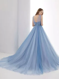 Robe de mariée bleue avec train bustier sans manches à lacets taille naturelle longue dentelle tulle polyester une ligne robes de mariée