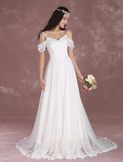 Robe de mariée bohème à bretelle zip sur dos à traîne Robe de mariée milanoo