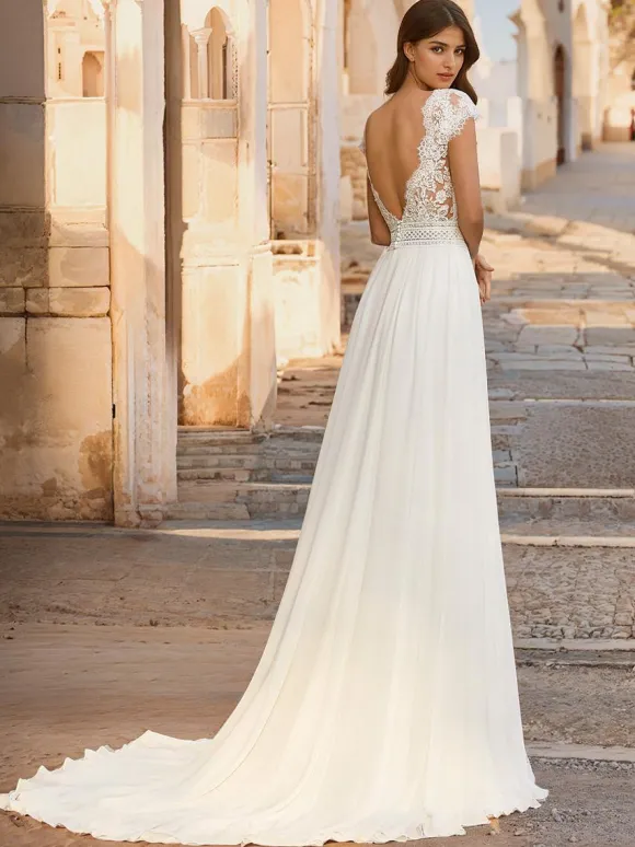 Robe de mariée bohème col V dos nu top en dentelle jupe en tulle à petite traîne