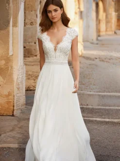 Robe de mariée bohème col V dos nu top en dentelle jupe en tulle à petite traîne
