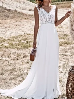 Robe de mariée boho col V top en dentelle jupe en chiffon au sol