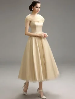 Robe de mariée champagne en satin bustier laçage sur dos longueur mollet Robe de mariage