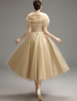 Robe de mariée champagne en satin bustier laçage sur dos longueur mollet Robe de mariage