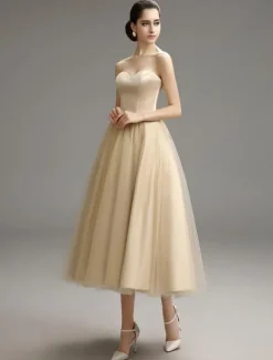 Robe de mariée champagne en satin bustier laçage sur dos longueur mollet Robe de mariage