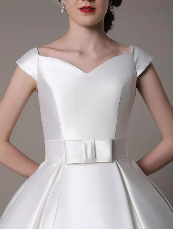 Robe de mariée courte blanche en satin col V avec noeud boutonnée sur dos au genou Robe de mariage vintage