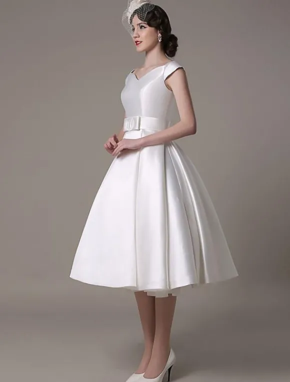 Robe de mariée courte blanche en satin col V avec noeud boutonnée sur dos au genou Robe de mariage vintage