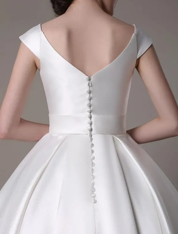 Robe de mariée courte blanche en satin col V avec noeud boutonnée sur dos au genou Robe de mariage vintage