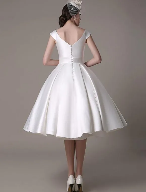 Robe de mariée courte blanche en satin col V avec noeud boutonnée sur dos au genou Robe de mariage vintage
