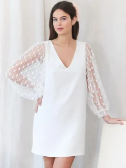 Robe de mariée courte blanche Robe de mariage civil col en V manches longues au dessus de genoux
