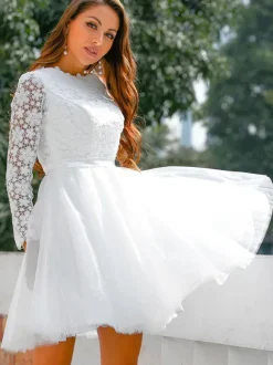 Robe de mariée courte 2026 col bijou manches longues A-ligne dentelle robes de mariée courtes personnalisation gratuite