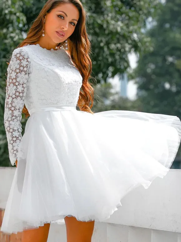 Robe de mariée courte 2026 col bijou manches longues A-ligne dentelle robes de mariée courtes personnalisation gratuite