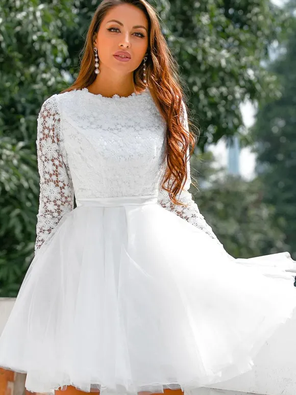 Robe de mariée courte 2026 col bijou manches longues A-ligne dentelle robes de mariée courtes personnalisation gratuite