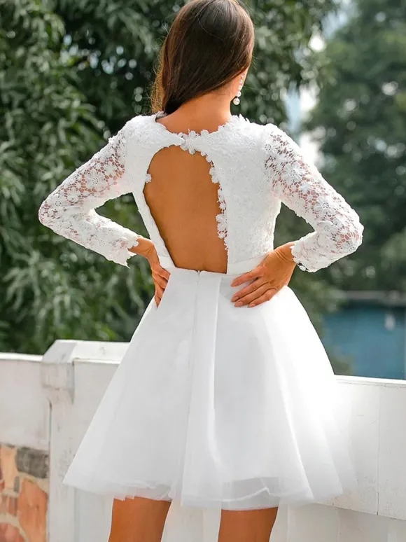 Robe de mariée courte 2026 col bijou manches longues A-ligne dentelle robes de mariée courtes personnalisation gratuite