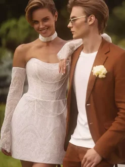 Robe de mariée courte décolleté en c艙ur manches 3/4 taille naturelle dentelle