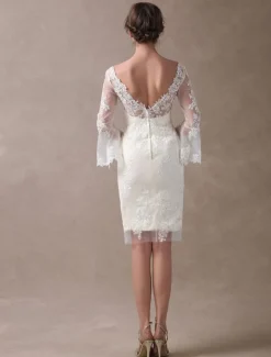 Robe de mariée courte en satin ivoire manche longue en dentelle longueur au dessus de genou robe de mariage