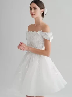 Robe de mariée courte mini épaules dénudées sans manches taille naturelle dentelle