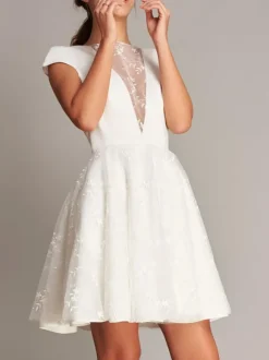 Robe de mariée courte robe de mariage Top col rond manche courte décolleté jupe courte