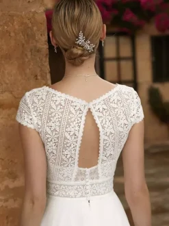 Robe de mariée courte robe de mariage civil col V manche courte boutonné sur dos