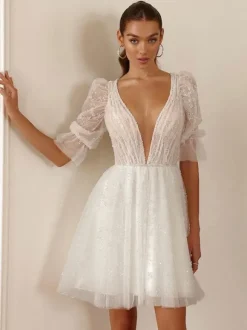 Robe de mariée courte robe mariage civil col V demie manche dos géométrique au genou
