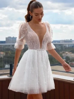 Robe de mariée courte robe mariage civil col V demie manche dos géométrique au genou