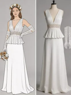 Robe de mariée deux pièces en dentelle col en V traîne boutons fonctionnels sans manches longue