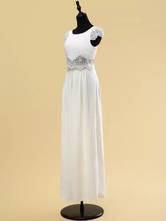 Robe de mariée deux pièces en dentelle découpée avec col bijou deux pièces longueur au sol fermeture éclair manches courtes longueur au sol ivoire