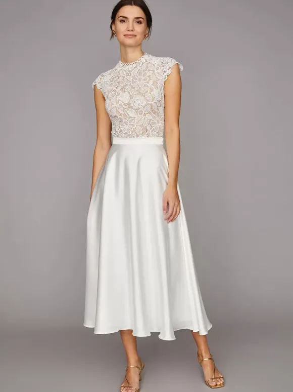 Robe de mariée deux pièces haut en dentelle jupe en satin col rond sans manche zip sur dos